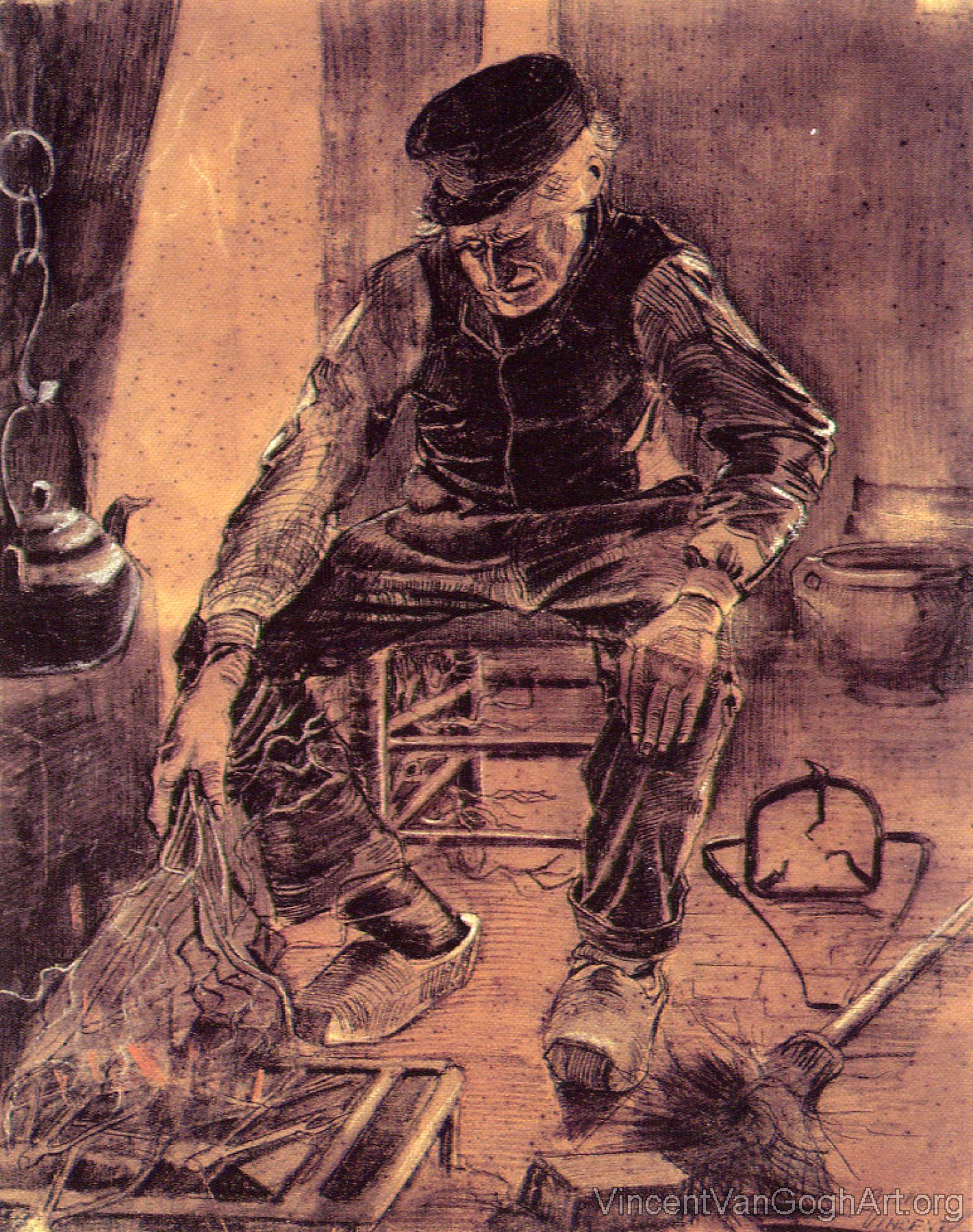 Farmer sitting at the fireplace